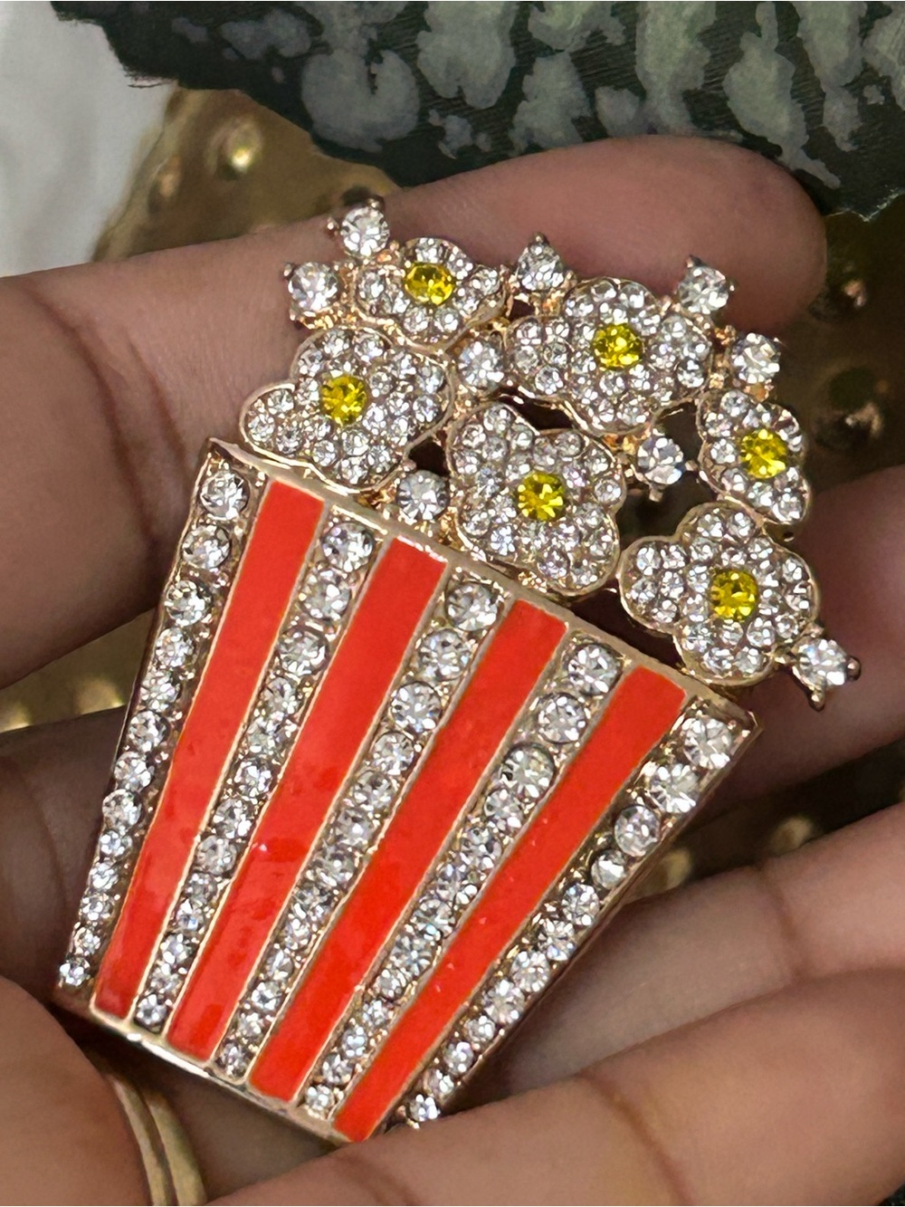 Rhinestone Popcorn Bouquet Brooch - Gold Tone with Red and Yellow Accents
